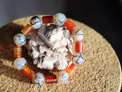 Unique Natural Coffee Lace Agate tube Bracelet with Dragon veins natural jade. a beautiful and unique piece of jewelry