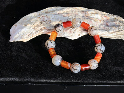 Unique Natural Coffee Lace Agate tube Bracelet with Dragon veins natural jade. a beautiful and unique piece of jewelry