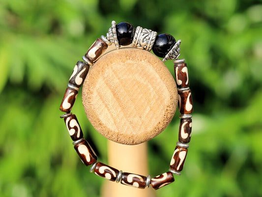 Exclusive Agate beads 12mm bracelet with plastic tubes and Silver Beads-Antique Silver.  powerful way to express your individuality