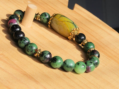 Exceptional Natural Epidote Bracelet with Agate Big Drum Bead, enhancing one's personal power, increasing self-confidence