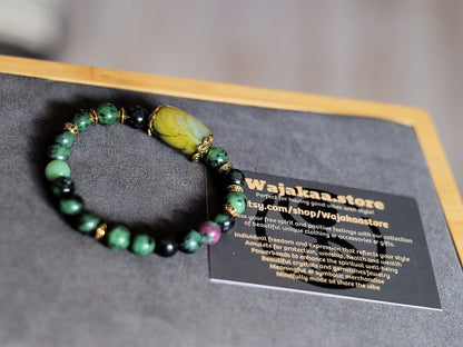 Exceptional Natural Epidote Bracelet with Agate Big Drum Bead, enhancing one's personal power, increasing self-confidence