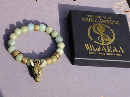 Cool 10 mm High grade natural Green Jade  with Men's Vintage Silver Norse Viking 3D Wolf. often seen as symbols of strength and resilience