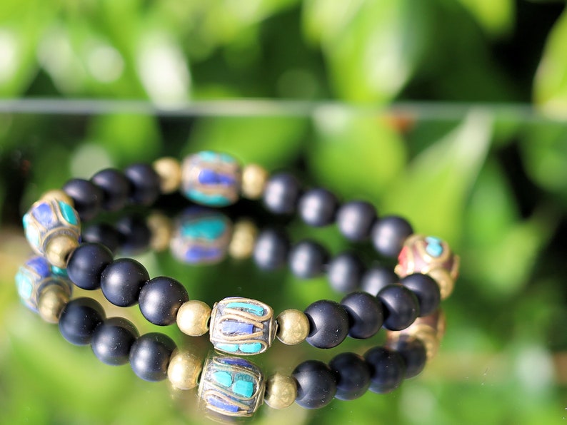 Nepal model Shaligram Super rare Natural black round bracelets. With Nepalese brass decorative round beads. Handmade in Nepal.
