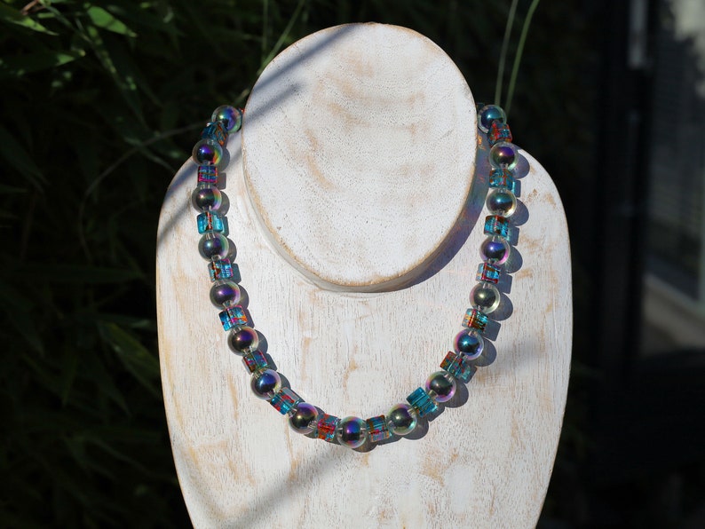 Party rave festival necklace,  holographic beads with Color cube sparkling Glass beads, Holographic, choker, Statement, party, necklace