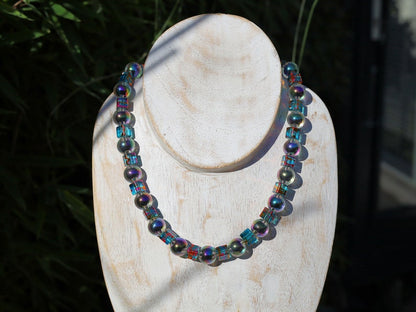 Party rave festival necklace,  holographic beads with Color cube sparkling Glass beads, Holographic, choker, Statement, party, necklace
