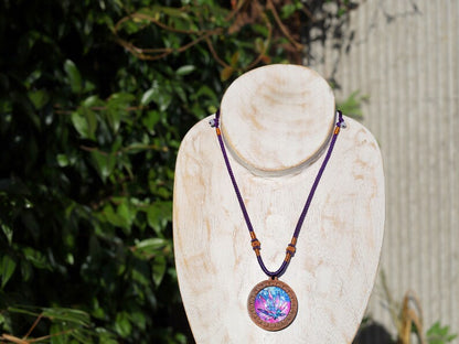 Marijuana Purple/ Blue Round Glass Cabochon Flatback in Wood Cabochon. Eye is 3mm. Shape: round dome