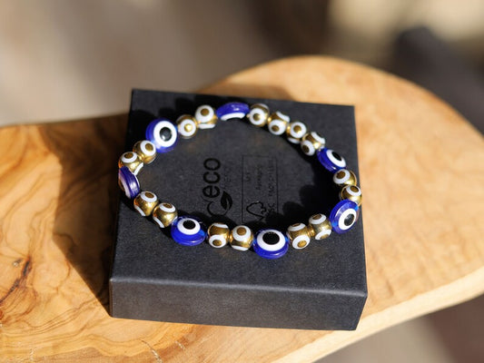 Round Handmade Evil Eye Lampwork Beads, Blue with Electroplate Glass, Round with Evil Eye Pattern, gold color. protecting the wearer