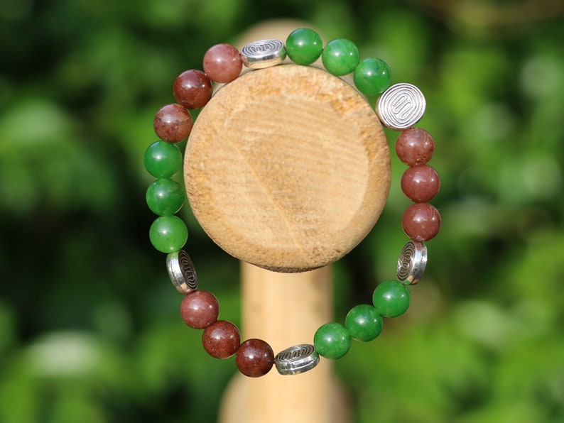 Green Jade in combination with Chocolate Brown Coated Czech Glass Pearl Smooth Round Bead and Antique Maze Silver Tone Spacer Beads