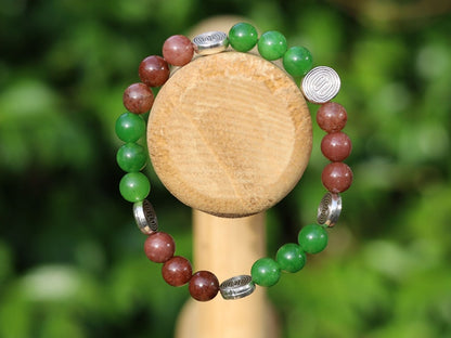 Green Jade in combination with Chocolate Brown Coated Czech Glass Pearl Smooth Round Bead and Antique Maze Silver Tone Spacer Beads