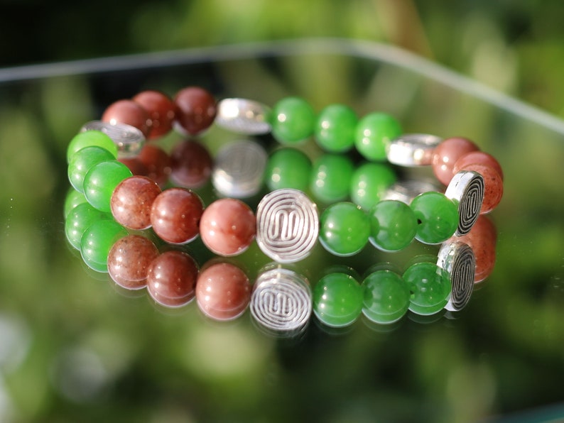 Green Jade in combination with Chocolate Brown Coated Czech Glass Pearl Smooth Round Bead and Antique Maze Silver Tone Spacer Beads