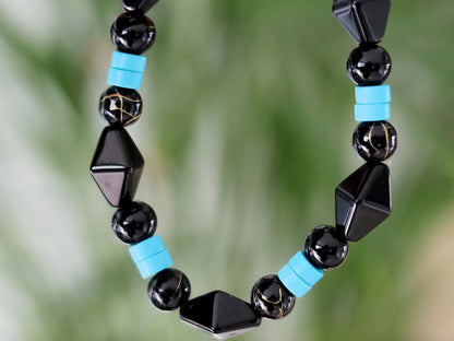Natural Stone Black Gold Color Line Agates with Turquoise Clay Spacer Heishi Beads, 6mm.  Diamond Glass Bead Black 15x10mm