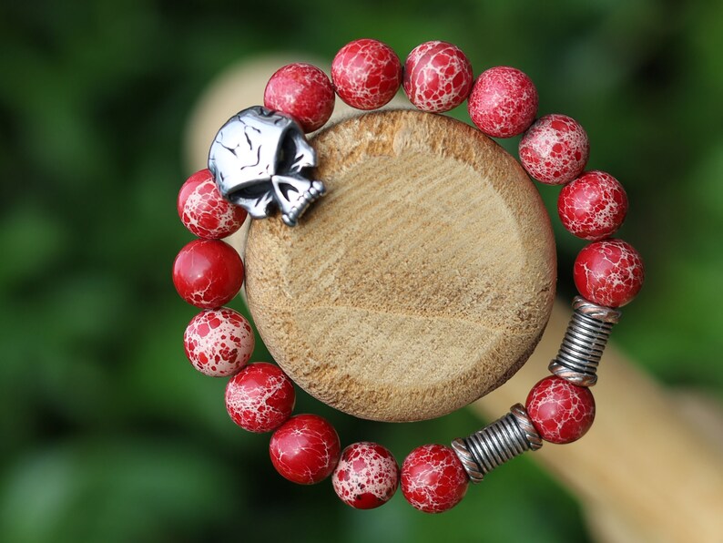 Rare big Skull combined with  Red Sea Sediment Jasper Beads and Tribal Tube Beads, create a unique and eye-catching bracelet, handmade gifts