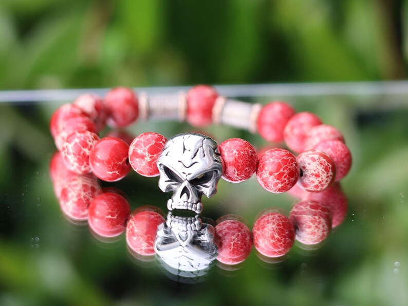 Rare big Skull combined with  Red Sea Sediment Jasper Beads and Tribal Tube Beads, create a unique and eye-catching bracelet, handmade gifts