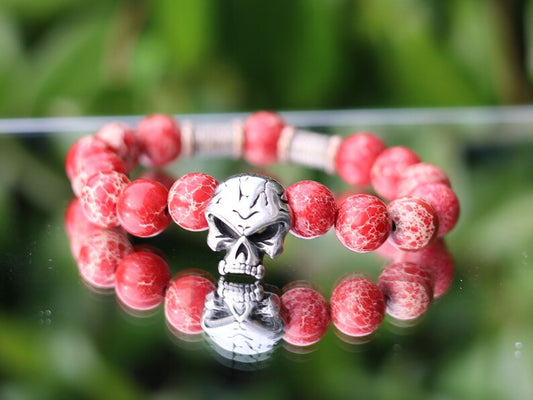 Rare big Skull combined with  Red Sea Sediment Jasper Beads and Tribal Tube Beads, create a unique and eye-catching bracelet, handmade gifts