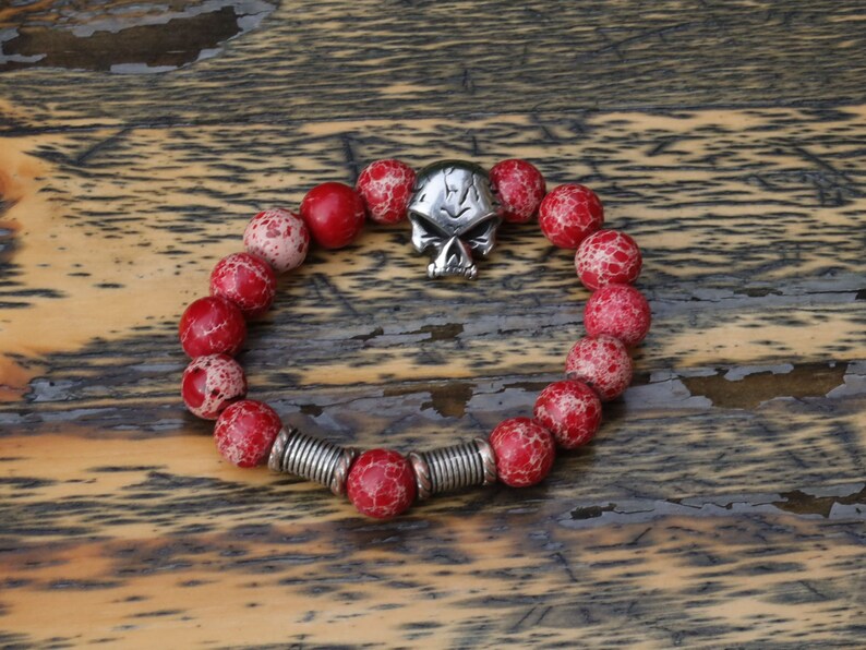 Rare big Skull combined with  Red Sea Sediment Jasper Beads and Tribal Tube Beads, create a unique and eye-catching bracelet, handmade gifts