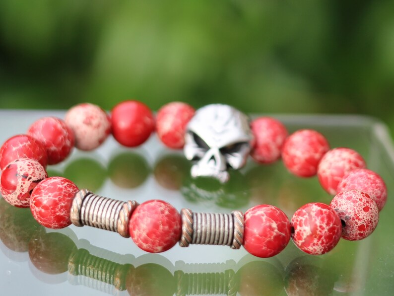 Rare big Skull combined with  Red Sea Sediment Jasper Beads and Tribal Tube Beads, create a unique and eye-catching bracelet, handmade gifts