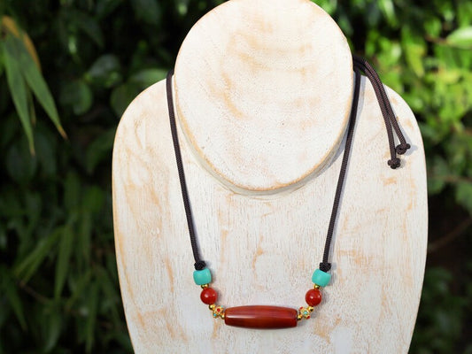 Carnelian Onyx DZI bead Agate Stone Choker, with an adjustable necklace with a slide knot.  Features red and  turquoise spacer beads.