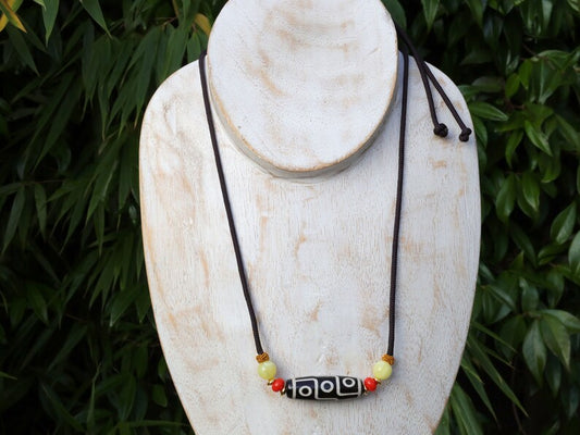Black white Carnelian Onyx DZI nine bead Agate Stone Choker, with an adjustable necklace with a slide knot.  Features red and  yellow beads.