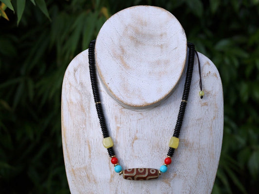 Carnelian Onyx DZI nine bead Agate Stone Choker, with an adjustable necklace with a slide knot. Features red, turquoise,yellow spacer beads.