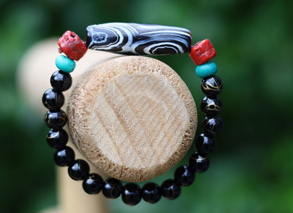 Old sky Eyed Dzi  bead Agate bracelet with gold striped Black agate and Turquoise./red beads.Tibetan Jewelry,Protection Stones,Buddhist bead