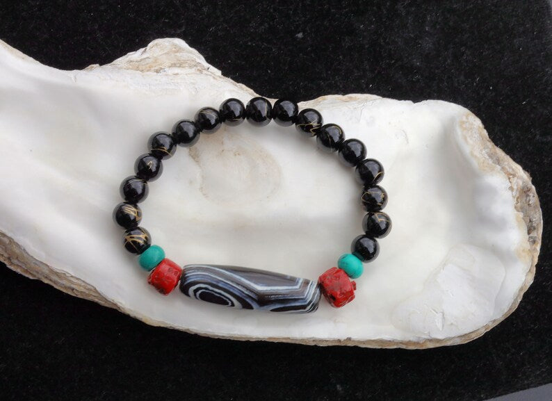 Old sky Eyed Dzi  bead Agate bracelet with gold striped Black agate and Turquoise./red beads.Tibetan Jewelry,Protection Stones,Buddhist bead