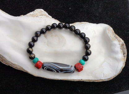 Old sky Eyed Dzi  bead Agate bracelet with gold striped Black agate and Turquoise./red beads.Tibetan Jewelry,Protection Stones,Buddhist bead