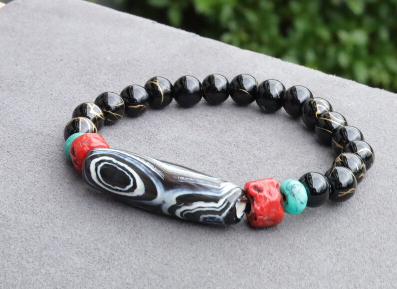 Old sky Eyed Dzi  bead Agate bracelet with gold striped Black agate and Turquoise./red beads.Tibetan Jewelry,Protection Stones,Buddhist bead