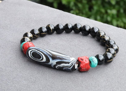 Old sky Eyed Dzi  bead Agate bracelet with gold striped Black agate and Turquoise./red beads.Tibetan Jewelry,Protection Stones,Buddhist bead