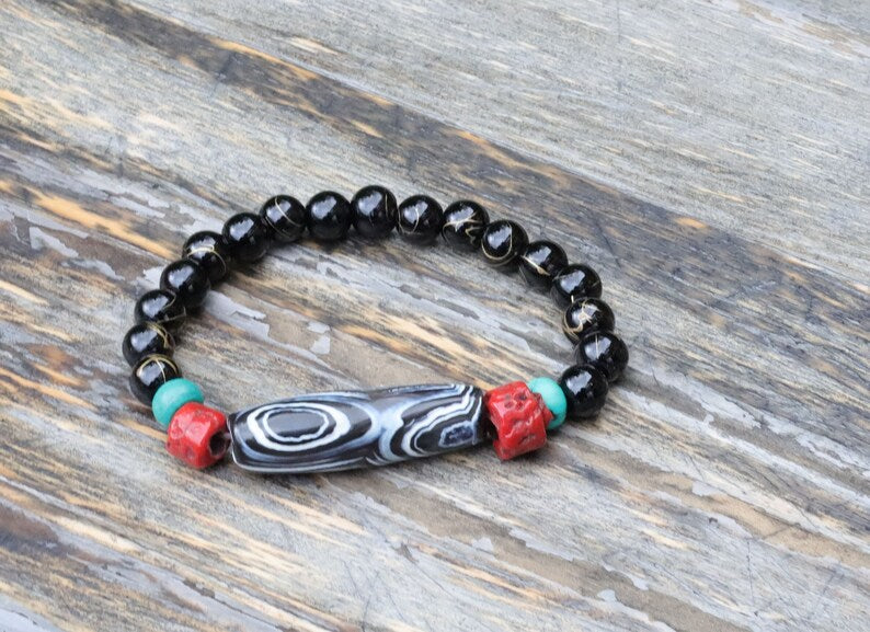 Old sky Eyed Dzi  bead Agate bracelet with gold striped Black agate and Turquoise./red beads.Tibetan Jewelry,Protection Stones,Buddhist bead