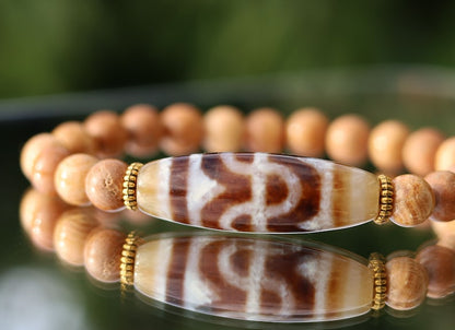 Old Fortune Wave dZi bead Wood Lace Agate bracelet. highly valued for its unique and eye-catching appearance. Rare find