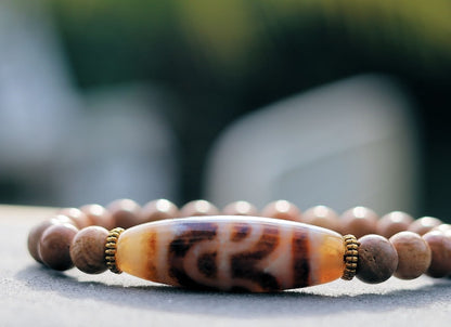 Old Fortune Wave dZi bead Wood Lace Agate bracelet. highly valued for its unique and eye-catching appearance. Rare find