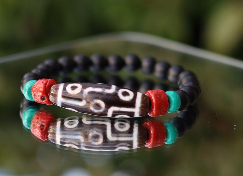 Old nine Eyed Dzi  bead matte Agate bracelet with Black agate and Turquoise./red beads.Tibetan Jewelry,Protection Stones,Buddhist bead
