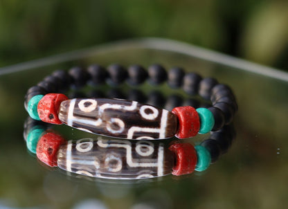 Old nine Eyed Dzi  bead matte Agate bracelet with Black agate and Turquoise./red beads.Tibetan Jewelry,Protection Stones,Buddhist bead
