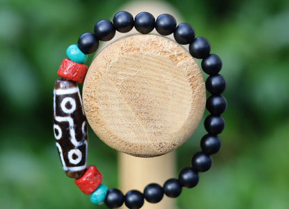 Old nine Eyed Dzi  bead matte Agate bracelet with Black agate and Turquoise./red beads.Tibetan Jewelry,Protection Stones,Buddhist bead