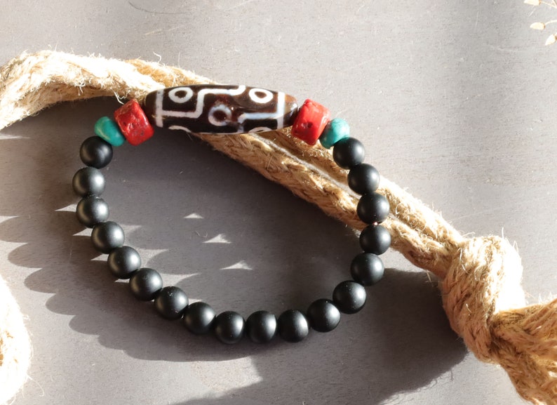 Old nine Eyed Dzi  bead matte Agate bracelet with Black agate and Turquoise./red beads.Tibetan Jewelry,Protection Stones,Buddhist bead
