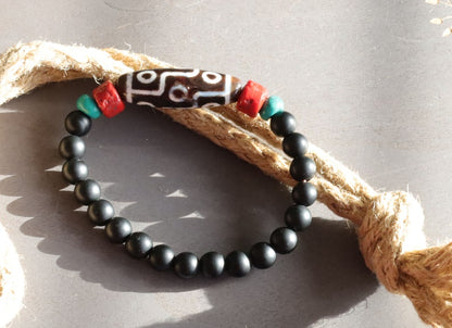 Old nine Eyed Dzi  bead matte Agate bracelet with Black agate and Turquoise./red beads.Tibetan Jewelry,Protection Stones,Buddhist bead