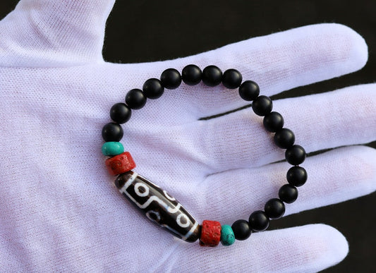 Old nine Eyed Dzi  bead matte Agate bracelet with Black agate and Turquoise./red beads.Tibetan Jewelry,Protection Stones,Buddhist bead