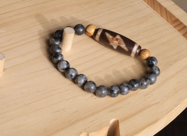 Old five eyed lightning Dzi  bead Silver Obsidian Stone bracelet with 2x picture Jaspers. The Maya used it to communicate with other beings.