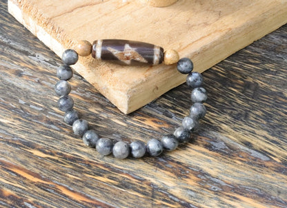 Old five eyed lightning Dzi  bead Silver Obsidian Stone bracelet with 2x picture Jaspers. The Maya used it to communicate with other beings.