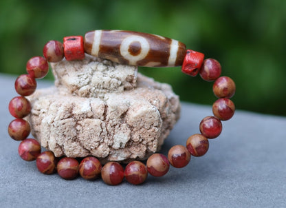 Old Big man (Aristocrat) Dzi  bead Red Brecciated Jasper bracelet with Coral-Red Glass. Handmade from (waxed) glass in Red Coral colour