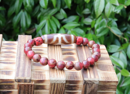 Old Big man (Aristocrat) Dzi  bead Red Brecciated Jasper bracelet with Coral-Red Glass. Handmade from (waxed) glass in Red Coral colour