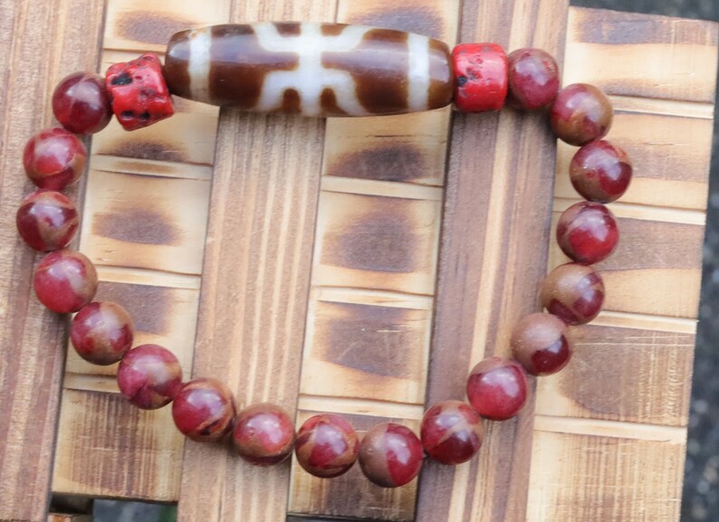 Old Big man (Aristocrat) Dzi  bead Red Brecciated Jasper bracelet with Coral-Red Glass. Handmade from (waxed) glass in Red Coral colour