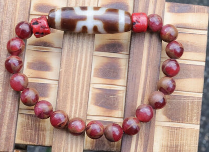 Old Big man (Aristocrat) Dzi  bead Red Brecciated Jasper bracelet with Coral-Red Glass. Handmade from (waxed) glass in Red Coral colour