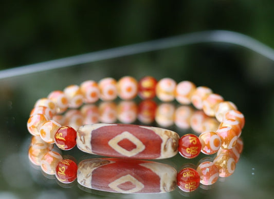 Old Two-eye Dzi  bead bracelet with Electroplate Glass Beads , Round with Evil Eye Pattern,Orange. unblock the path to enlightenment.