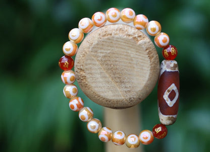 Old Two-eye Dzi  bead bracelet with Electroplate Glass Beads , Round with Evil Eye Pattern,Orange. unblock the path to enlightenment.