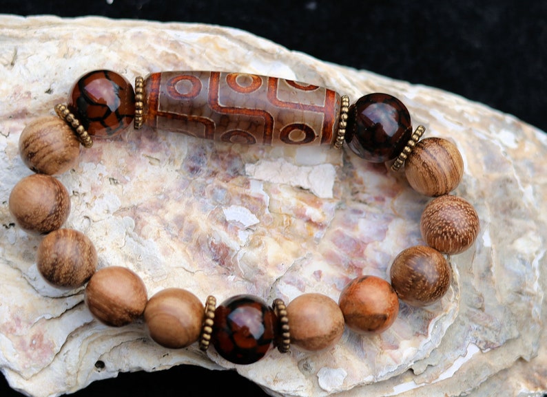 Old Nine-eye  Dzi  bead Vietnam Agarwood Wooden Bracelets Tiger Pattern Buddha. 3x Natural crackle Jade 14mm.