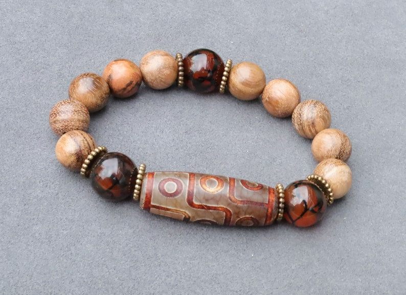 Old Nine-eye  Dzi  bead Vietnam Agarwood Wooden Bracelets Tiger Pattern Buddha. 3x Natural crackle Jade 14mm.