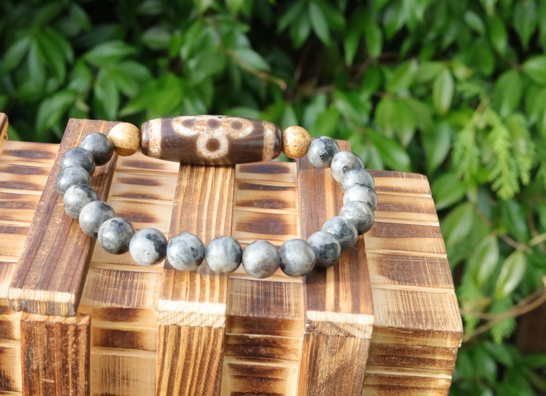 Old five eyed lightning Dzi  bead Silver Obsidian Stone bracelet with 2x picture Jaspers. The Maya used it to communicate with other beings.