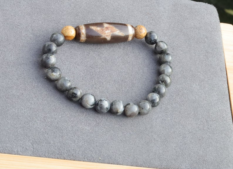 Old five eyed lightning Dzi  bead Silver Obsidian Stone bracelet with 2x picture Jaspers. The Maya used it to communicate with other beings.