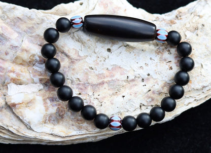 Old black Agate Dzi  bead matte Agate bracelet with Chevron-style tradebeads - originally made in Nepal.
